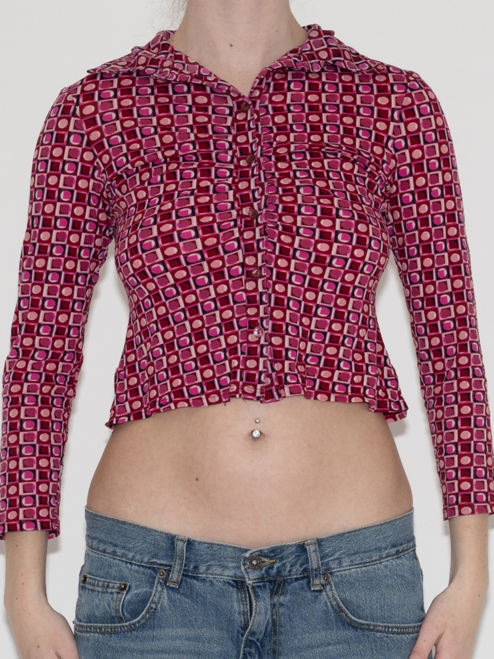 Y2k patterned button up blouse pink INC size small/XS polyester, nylon